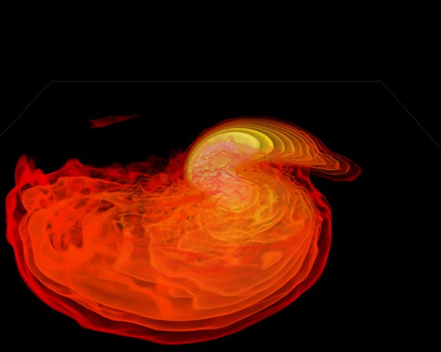 Simulation frames from this NASA Goddard neutron star merger animation: <a href="http://bit.ly/1jolBYY" rel="nofollow">bit.ly/1jolBYY</a>  Credit: NASA's Goddard Space Flight Center  This supercomputer simulation shows one of the most violent events in the universe: a pair of neutron stars colliding, merging and forming a black hole. A neutron star is the compressed core left behind when a star born with between eight and 30 times the sun's mass explodes as a supernova. Neutron stars pack about 1.5 times the mass of the sun — equivalent to about half a million Earths — into a ball just 12 miles (20 km) across.  As the simulation begins, we view an unequally matched pair of neutron stars weighing 1.4 and 1.7 solar masses. They are separated by only about 11 miles, slightly less distance than their own diameters. Redder colors show regions of progressively lower density.  As the stars spiral toward each other, intense tides begin to deform them, possibly cracking their crusts. Neutron stars possess incredible density, but their surfaces are comparatively thin, with densities about a million times greater than gold. Their interiors crush matter to a much greater degree densities rise by 100 million times in their centers. To begin to imagine such mind-boggling densities, consider that a cubic centimeter of neutron star matter outweighs Mount Everest.  By 7 milliseconds, tidal forces overwhelm and shatter the lesser star. Its superdense contents erupt into the system and curl a spiral arm of incredibly hot material. At 13 milliseconds, the more massive star has accumulated too much mass to support it against gravity and collapses, and a new black hole is born. The black hole's event horizon — its point of no return — is shown by the gray sphere. While most of the matter from both neutron stars will fall into the black hole, some of the less dense, faster moving matter manages to orbit around it, quickly forming a large and rapidly rotating torus. This torus extends for about 124 miles (200 km) and contains the equivalent of 1/5th the mass of our sun.  Scientists think neutron star mergers like this produce short gamma-ray bursts (GRBs). Short GRBs last less than two seconds yet unleash as much energy as all the stars in our galaxy produce over one year.  The rapidly fading afterglow of these explosions presents a challenge to astronomers. A key element in understanding GRBs is getting instruments on large ground-based telescopes to capture afterglows as soon as possible after the burst. The rapid notification and accurate positions provided by NASA's Swift mission creates a vibrant synergy with ground-based observatories that has led to dramatically improved understanding of GRBs, especially for short bursts.  This video is public domain and can be downloaded at: <a href="http://svs.gsfc.nasa.gov/vis/a010000/a011500/a011530/index.html" rel="nofollow">svs.gsfc.nasa.gov/vis/a010000/a011500/a011530/index.html</a>  <b><a href="http://www.nasa.gov/audience/formedia/features/MP_Photo_Guidelines.html" rel="nofollow">NASA image use policy.</a></b>  <b><a href="http://www.nasa.gov/centers/goddard/home/index.html" rel="nofollow">NASA Goddard Space Flight Center</a></b> enables NASA’s mission through four scientific endeavors: Earth Science, Heliophysics, Solar System Exploration, and Astrophysics. Goddard plays a leading role in NASA’s accomplishments by contributing compelling scientific knowledge to advance the Agency’s mission.  <b>Follow us on <a href="http://twitter.com/NASAGoddardPix" rel="nofollow">Twitter</a></b>  <b>Like us on <a href="http://www.facebook.com/pages/Greenbelt-MD/NASA-Goddard/395013845897?ref=tsd" rel="nofollow">Facebook</a></b>  <b>Find us on <a href="http://instagram.com/nasagoddard?vm=grid" rel="nofollow">Instagram</a></b>