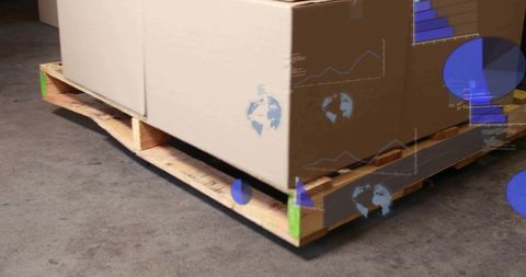 Warehouse logistics stacking cardboard boxes on wooden pallet with data overlays