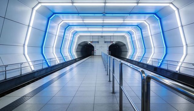 Futuristic illuminated transit corridor leading toward tunnel portals with blue led lines