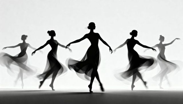 Silhouetted ballet ensemble spinning in fluid motion with flowing skirts and backlight