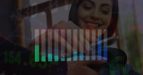 Woman paying with smartphone amidst digital financial data overlay