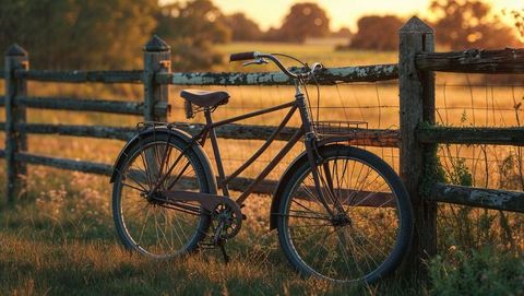 Vintage bicycle placed against rustic fence in sunset meadow