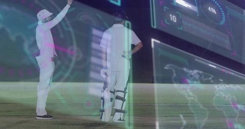 Cricket players standing on night field with augmented reality hud overlay, raising arm