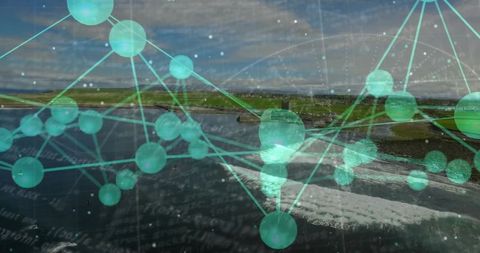 Futuristic network overlay on remote coastal cliffs