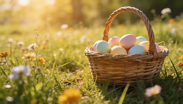 Wicker basket holding pastel easter eggs nesting on sunlit meadow at golden hour