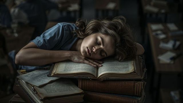Teen sleeping on open book in moody classroom light conveying study fatigue and solitude