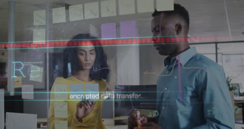 Diverse Team Collaborating on Encrypted Data Project in Office