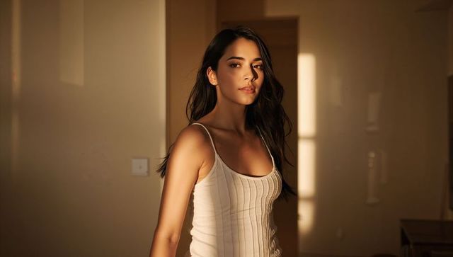 Sunlit woman in white strappy tank top standing in warm beige interior at golden hour