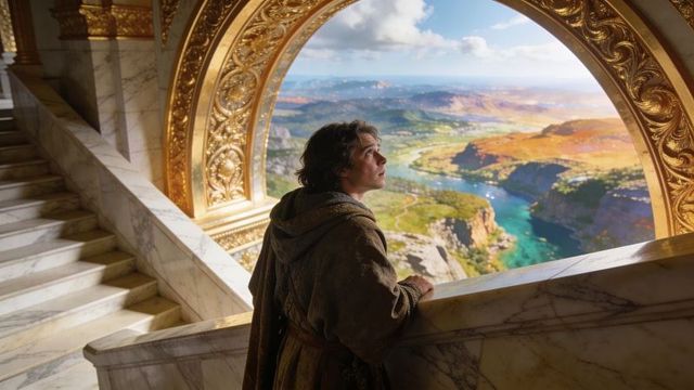 Young man gazing from gilded marble balcony overlooking turquoise river valley and hills
