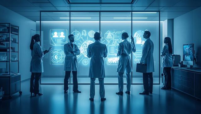 Medical researchers analyzing holographic data wall in high-tech laboratory