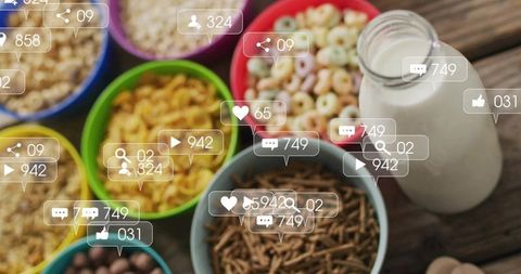 Colorful cereal bowls with milk and social icons overlay for breakfast brand campaigns