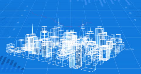 Digital City Grid with Data Elements on Blue Background