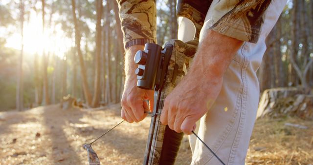 Hunter Preparing Bow in Forest at Sunset - Download Free Stock Images Pikwizard.com