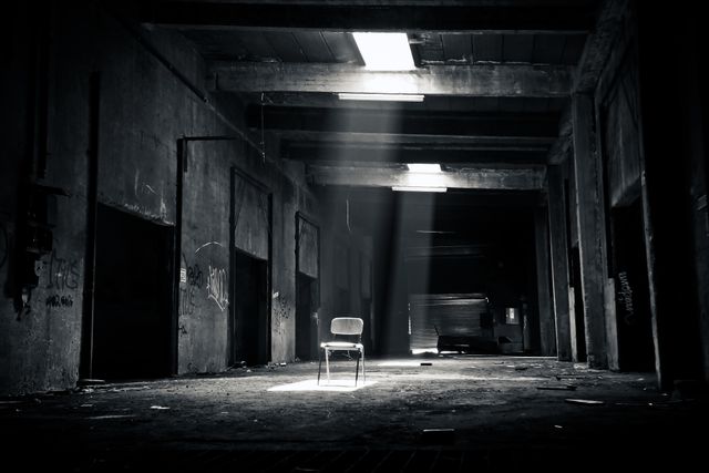 Empty Chair in Abandoned Warehouse with Dramatic Lighting - Download Free Stock Photos Pikwizard.com