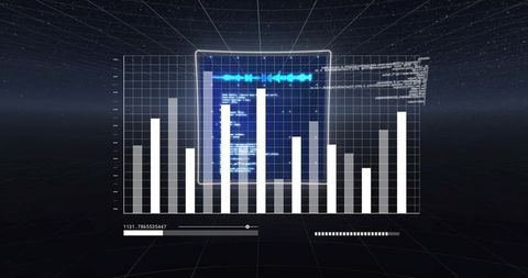 Holographic data dashboard displaying translucent bar chart and waveform in 3d grid neon ui