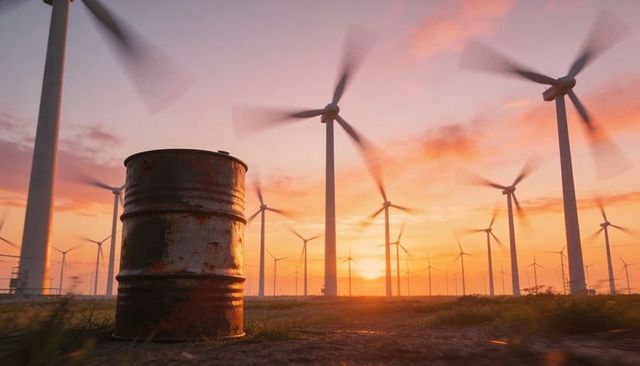 Rusting barrel contrasting rotating wind turbines with dusk glow at golden sunset plain