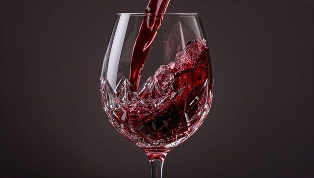 Red Wine Pouring into Crystal Glass with Geometric Patterns