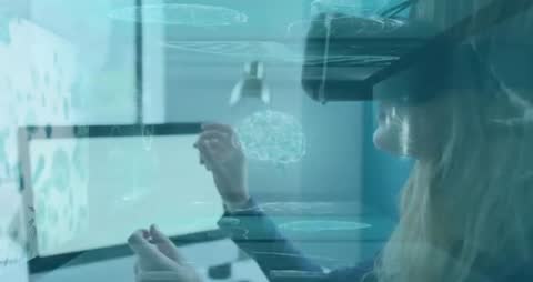 Woman Engaging with Virtual Brain Holograms in Futuristic Tech Lab