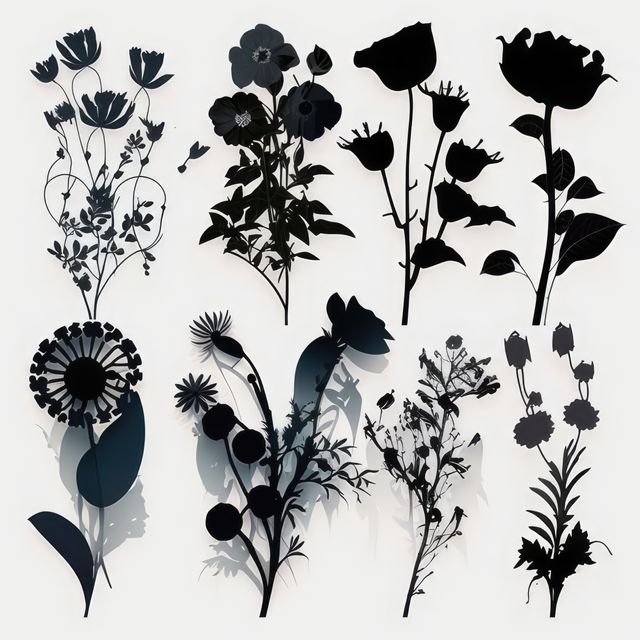 Silhouettes of various flowers are presented on a white background, creating a striking contrast. Ideal for use in design projects, invitations, botanical prints, wall art, and digital graphics. The diverse shapes and elegant lines can enhance product packaging, posters, and wallpaper designs.
