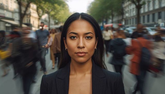 Confident professional woman standing amid busy urban crowd, facing viewer