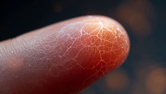 Macro fingertip revealing glittering filament network across skin with sparkling particles
