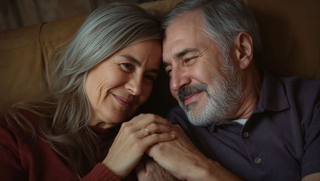 Reclining senior couple holding hands on couch sharing tender smiles and warm companionship