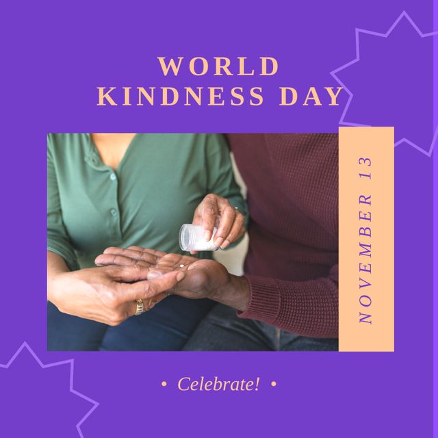 Composition of world kindness day text over caucasian woman giving pills to man. World kindness day and caring concept.