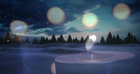 Twilight snowfield with glowing bokeh and pine forest silhouettes