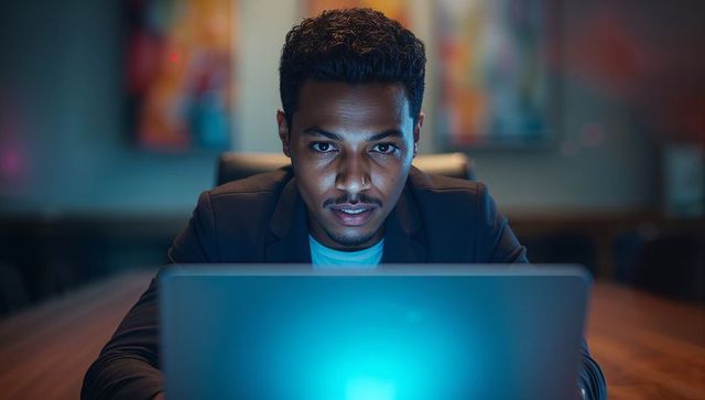 Focused Businessman Using Laptop in Modern Office Environment