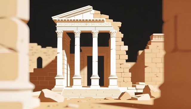Ancient roman temple ruins with fluted columns and broken pediment in sunlit desert light