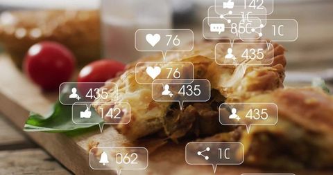 Savory pie slice with gourmet likes and comments overlay