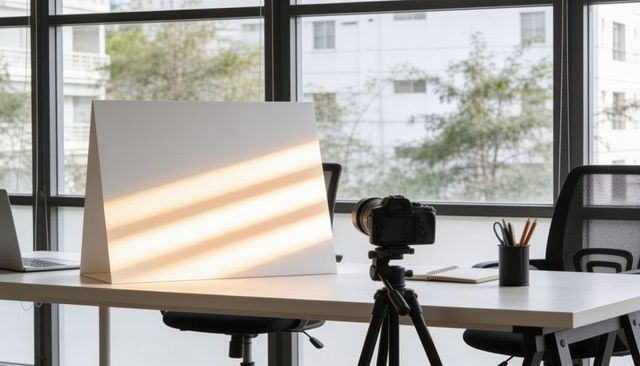 White folding reflector catching diagonal sunbeams on modern office desk with dslr camera