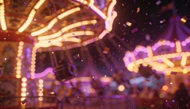Spinning swing carousel casting golden purple bokeh and confetti at night fairground