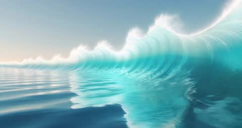 Dynamic Ocean Wave Curling on Tranquil Sea Horizon