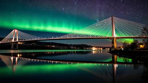 Aurora Borealis Dancing Over Illuminated Cable-Stayed Bridge with Mirror River Reflection