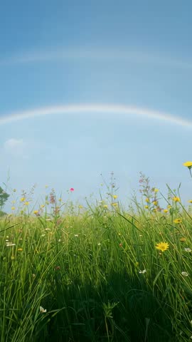 Vertical video swaying meadow grass with double rainbow over wildflower field after rain