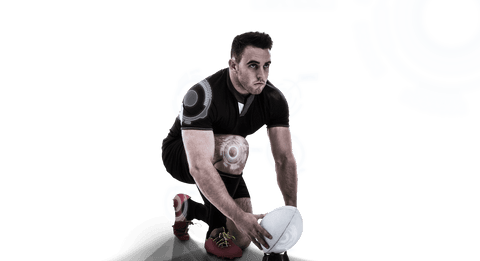 Transparent rugby player positioning ball on field