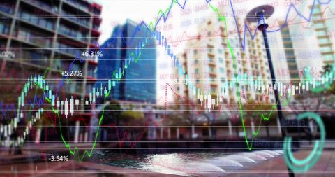 Financial Data and Analytics Overlay on Urban Skyline