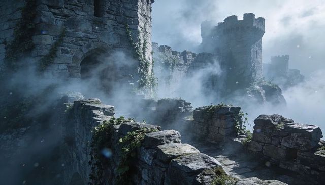 Misty medieval cliffside castle ruins with broken battlements, ivy-covered stone walkway