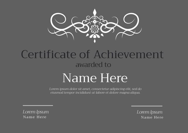 Elegant gray Certificate of Achievement template featuring intricate ornate design elements at the top. Customizable sections for recipient's name, award details, and additional information. Ideal for educational institutions, corporate awards, and recognition programs. Easy to customize for any occasion requiring formal acknowledgment.