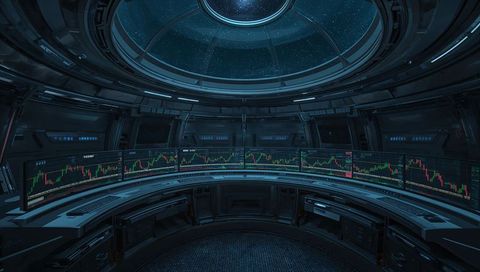Futuristic workspace on a spacecraft with trading consoles