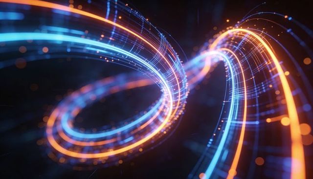 Intertwined Neon Light Ribbons Twisting Through Dark Space with Cyan and Orange Glow