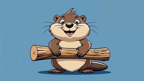 Cheerful cartoon beaver on blue background holding wooden log