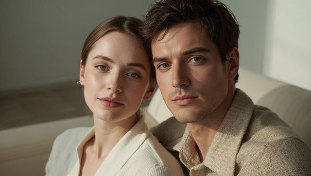Intimate modern couple leaning forward on beige sofa wearing knit neutrals with soft light