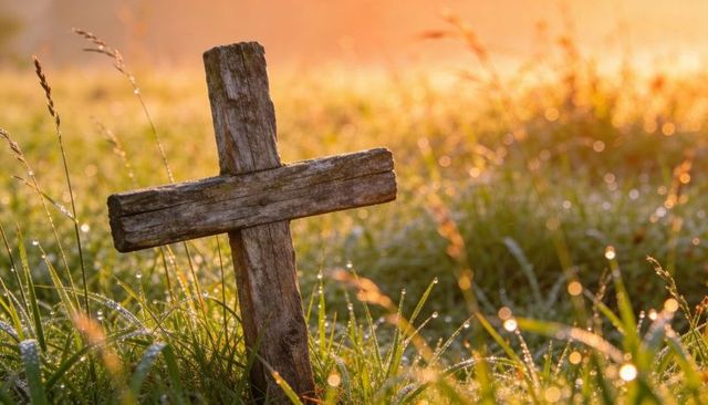 Weathered wooden cross standing in dewy meadow at sunrise with warm bokeh light