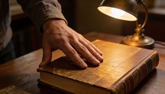 Hand Resting on Antique Leather Book under Warm Brass Lamp Glow for Vintage Study