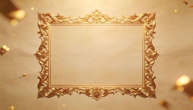 Ornate gold frame featuring baroque gilded border on parchment backdrop with bokeh flecks
