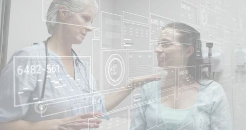 Clinician supporting patient with holographic medical interface in telemedicine clinic