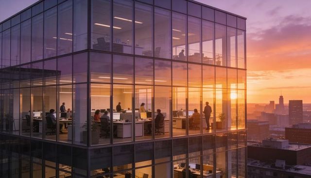 Sunset-lit glass office cube with open-plan team collaborating over urban skyline