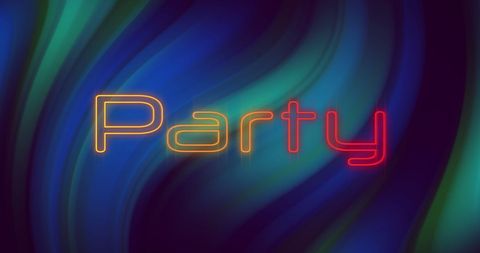 Vibrant neon 'Party' text set against a swirling blue and green background, evoking an energetic and festive atmosphere. Ideal for use in digital marketing materials, party invitations, or social media graphics promoting events and celebrations. The neon colors catch the eye, making it suitable for modern-themed advertisement campaigns focusing on lively and upbeat gatherings.